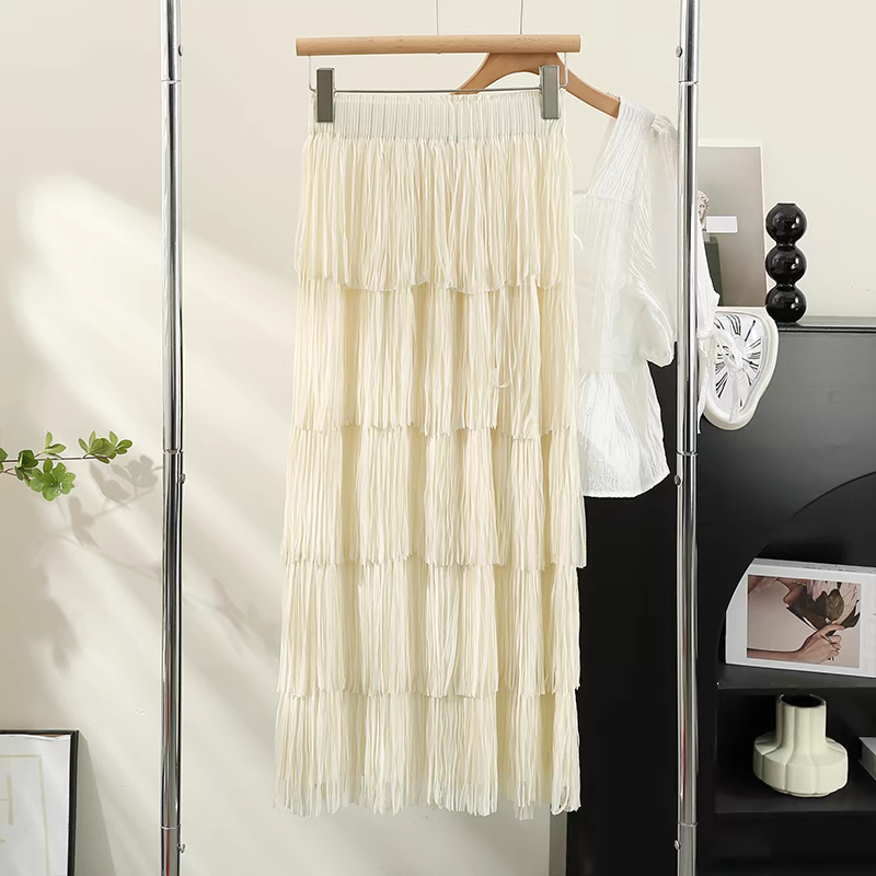 Jupe longue à franges avec doublure pour femme, taille élastique, ligne A, noir et blanc, mode printemps et été