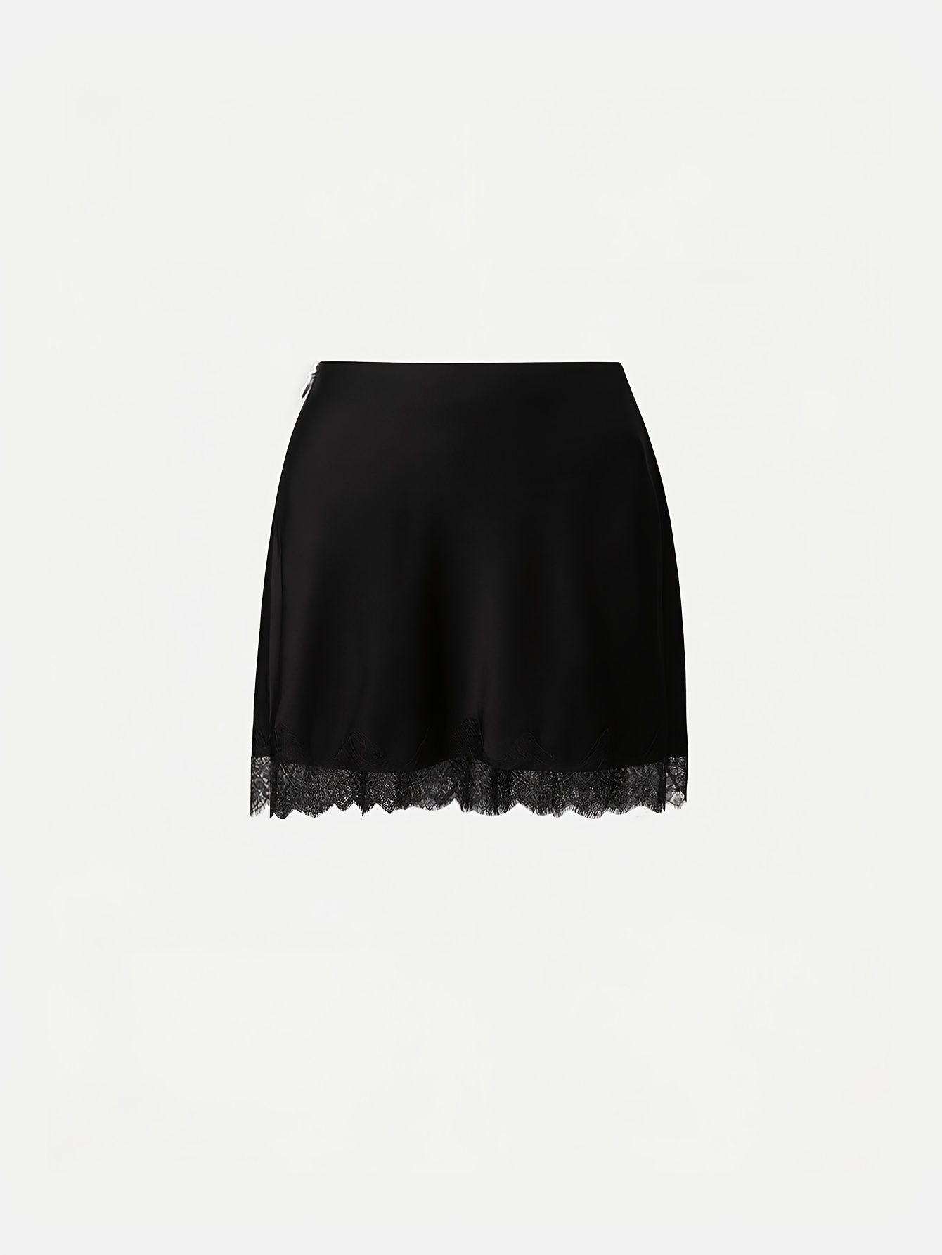 Mini-jupe noire en satin pour femme, taille haute, ourlet festonné en dentelle, jupe courte soyeuse coupe trapèze