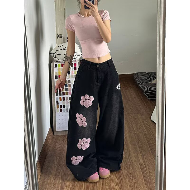 Jean baggy brodé bleu Y2K pour femme, style années 2000, pantalon boyfriend vintage Harajuku, jean oversize en denim pour l'été