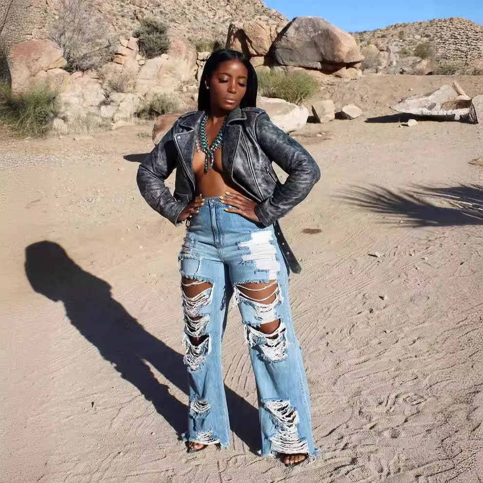 Jean femme pantalon Long élégant épissure Denim pantalon coupe ajustée Sexy trou taille haute bouton poche pantalon droit été 2024