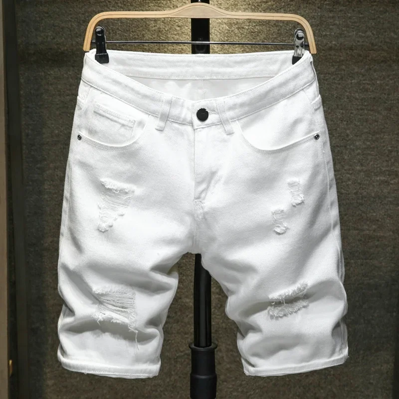 Short en jean déchiré au genou pour hommes, short en jean blanc, streetwear masculin, pantalon décontracté simple, trou mince, mode, nouveau