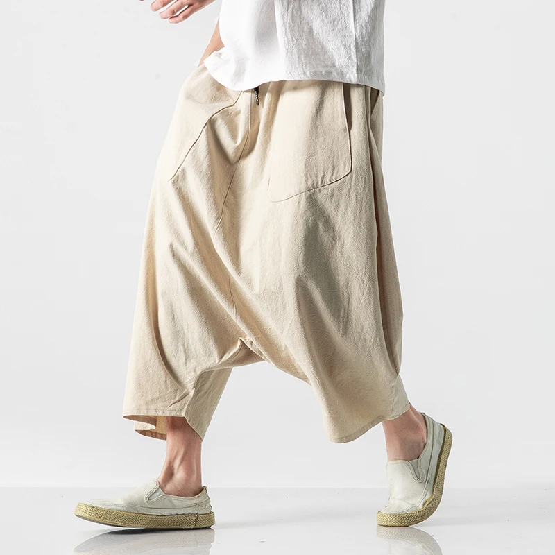 Pantalon d'été kimono vintage ample en coton et lin, nouveau pantalon décontracté pour homme, grande taille, pantalon à jambe décontractée pour homme, taille élastique, longueur mollet
