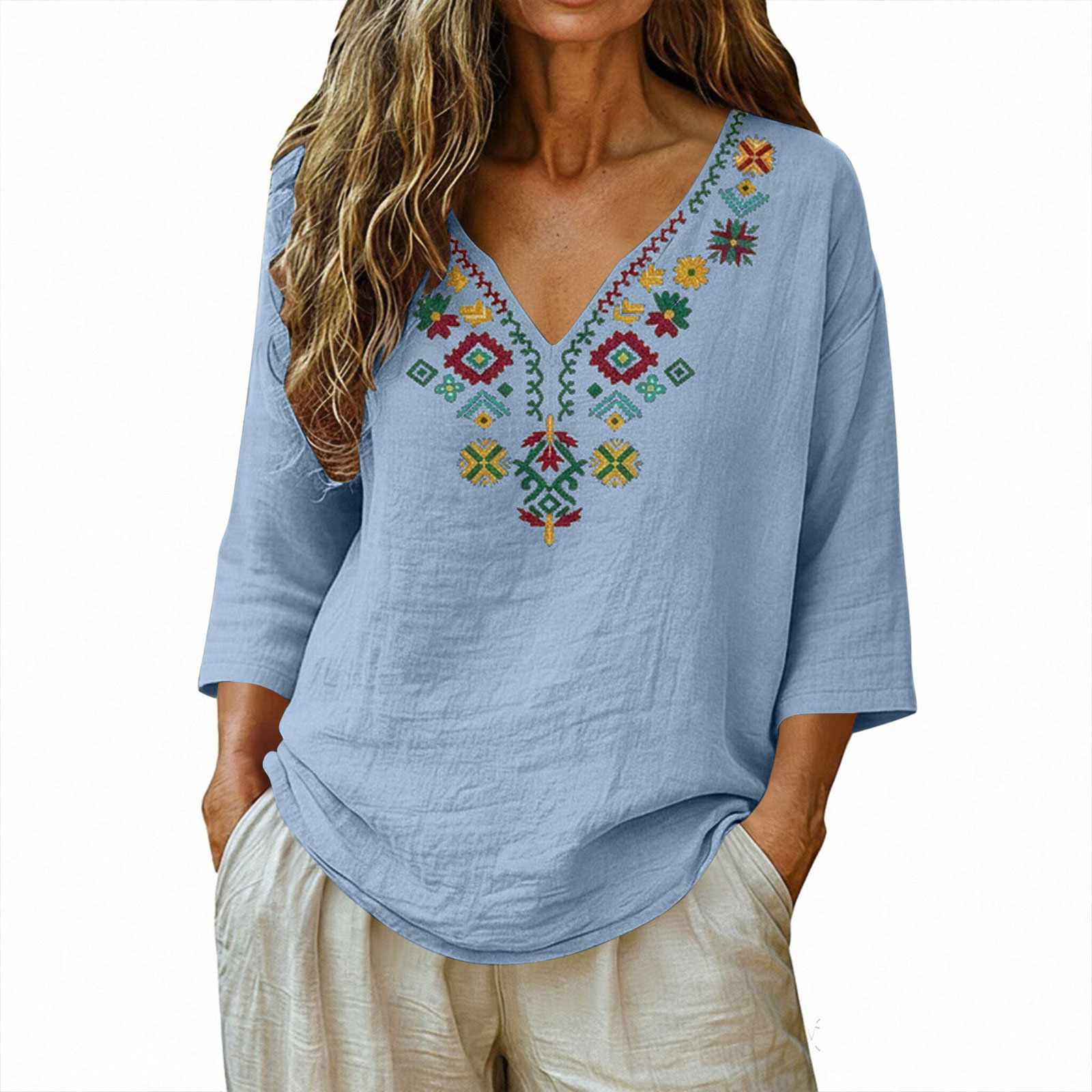 Chemisier Bohème Brodé Col V pour Femme, Manches 3/4 Unies en Coton et Lin, Haut Décontracté, Broderie Florale Ethnique, Tunique Ample d'Été