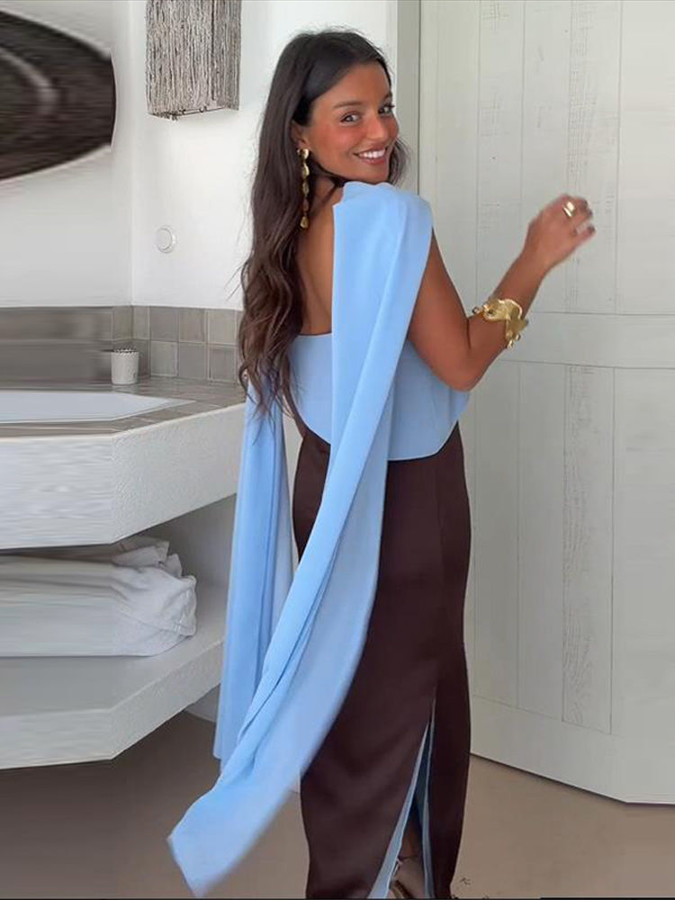 Robe longue en satin à col écharpe, fines bretelles spaghetti, col drapé, taille haute, fente latérale, collection été 2026, robe de soirée chic