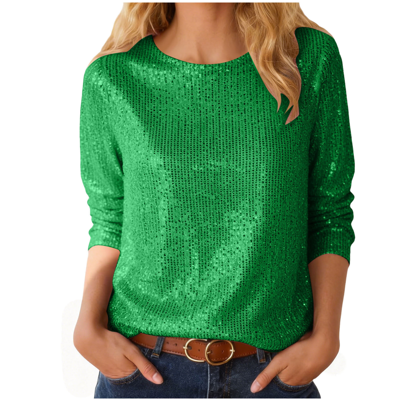 T-shirts à paillettes pour femmes Printemps et été Manches 3/4 Pulls Tops féminins Col rond Brillant Paillettes Tops Carnaval Clubwear