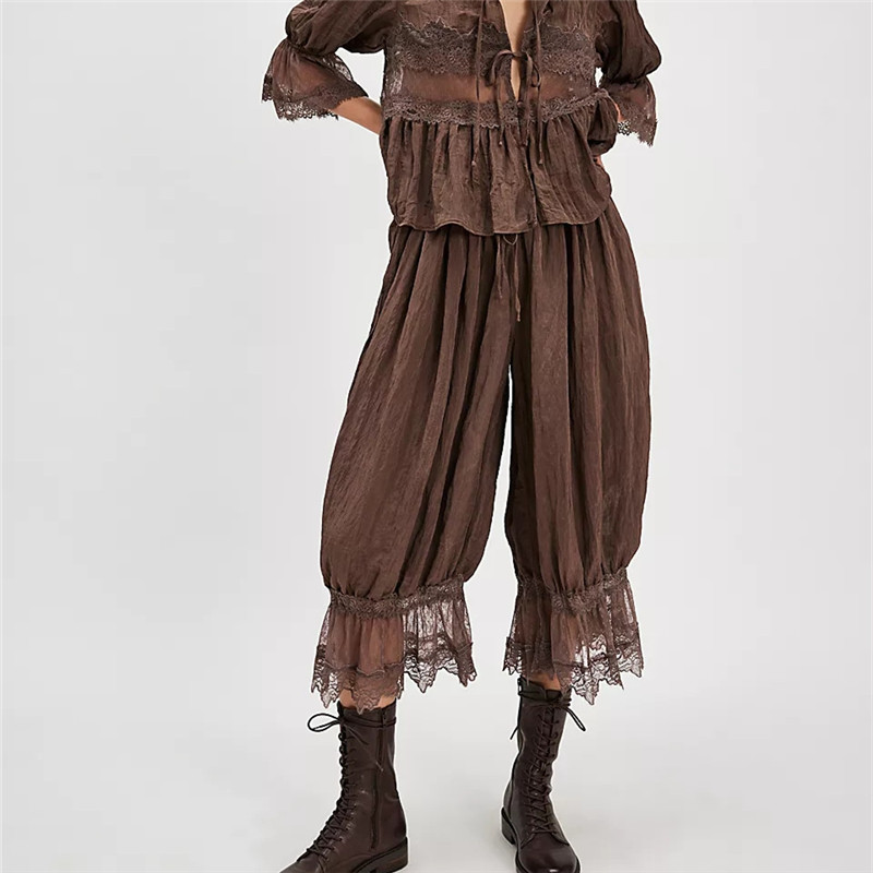 Pantalon Bloomers pour femmes Y2K, garniture en dentelle, Vintage, mignon, à volants, citrouille, Long, Capri, bas de pyjama, décontracté, Streetwear