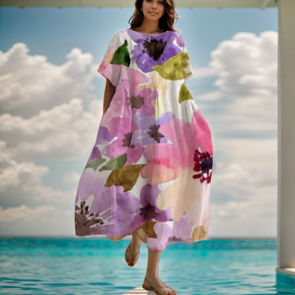 Robe à imprimé floral à manches courtes pour femmes, col rond, grand ourlet, mode adt, élégant, décontracté, trajet quotidien, femme, robe trapèze, été, nouveau