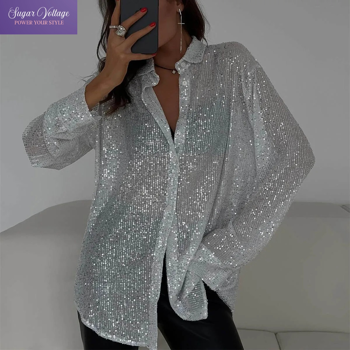 Chemisier Sexy à paillettes pour femmes, chemise argentée à manches longues, vêtements de club de fête, col rabattu, coupe ample, boutonné, hauts à paillettes, Y2K 2000S