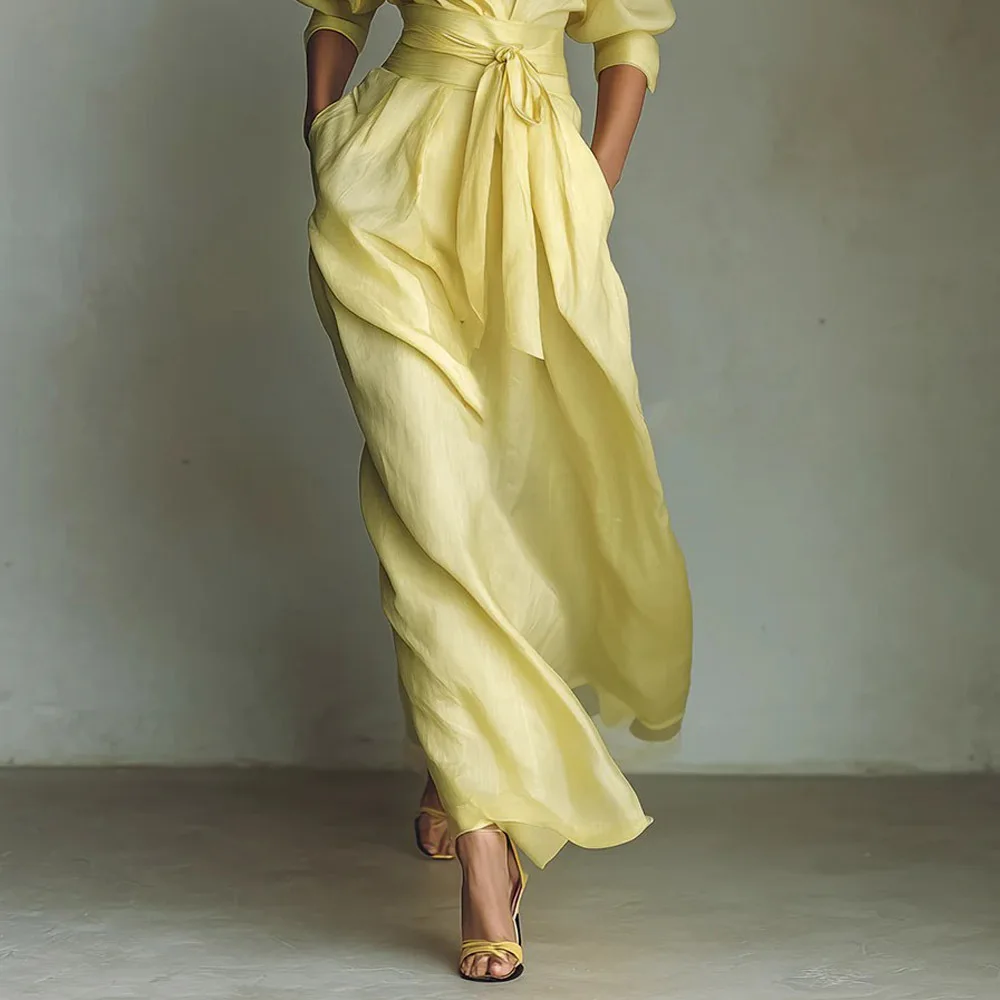 Nouvelle Robe Longue Bohème Élégante à Lacets Taille Haute pour Femme, Col Rabattu, Robe de Soirée Printemps, Manches 3/4, Poches, Robe Maxi de Vacances
