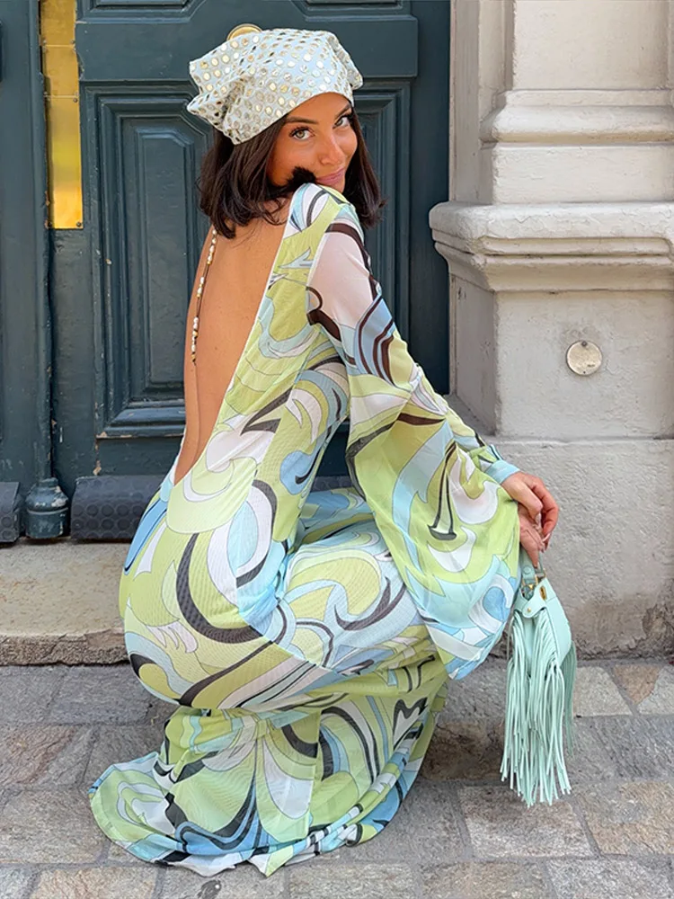 Robe longue imprimée sans dos pour femme, col rond, manches longues, coupe droite, mode été 2026, nouvelle collection streetwear pour femme