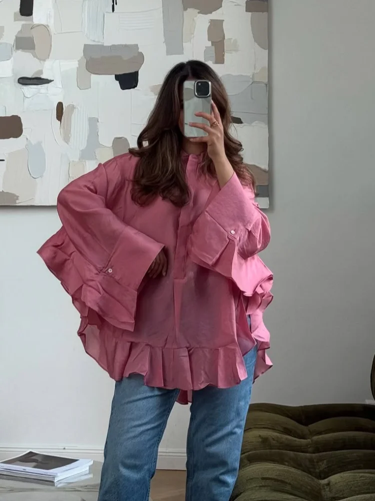 Chemise rose élégante en mousseline de soie à volants pour femmes, mode solide, simple boutonnage, chemises amples décontractées, Chic quotidien, hauts de bureau pour les déplacements quotidiens