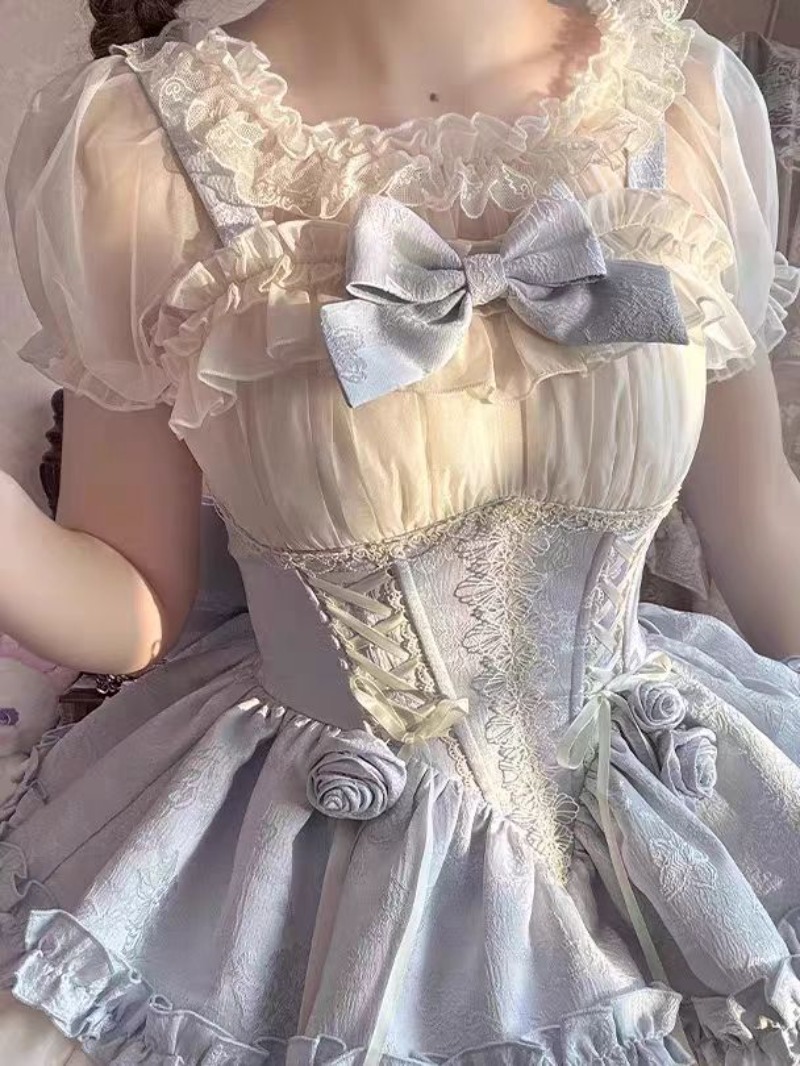 Chemisier transparent en dentelle et maille, haut court Lolita, manches courtes, léger, chemise Lolita douce pour femmes, épaules dénudées, à volants en dentelle, été