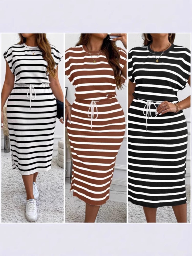 Robe d'été décontractée à manches courtes pour femmes, imprimé rayé, mode, taille cintrée, t-shirt à lacets, robes de sport féminines, 2025