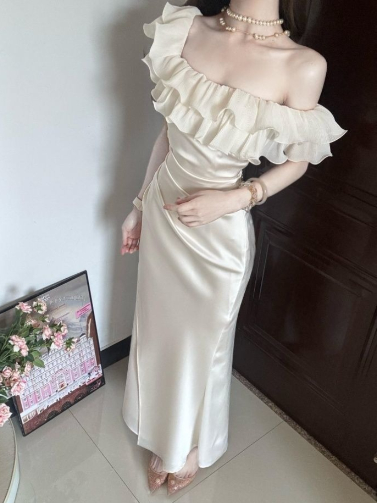 Robe élégante française printemps-été pour femmes, robe longue chic à volants, épaules dénudées, robe de soirée blanche sexy Harajuku