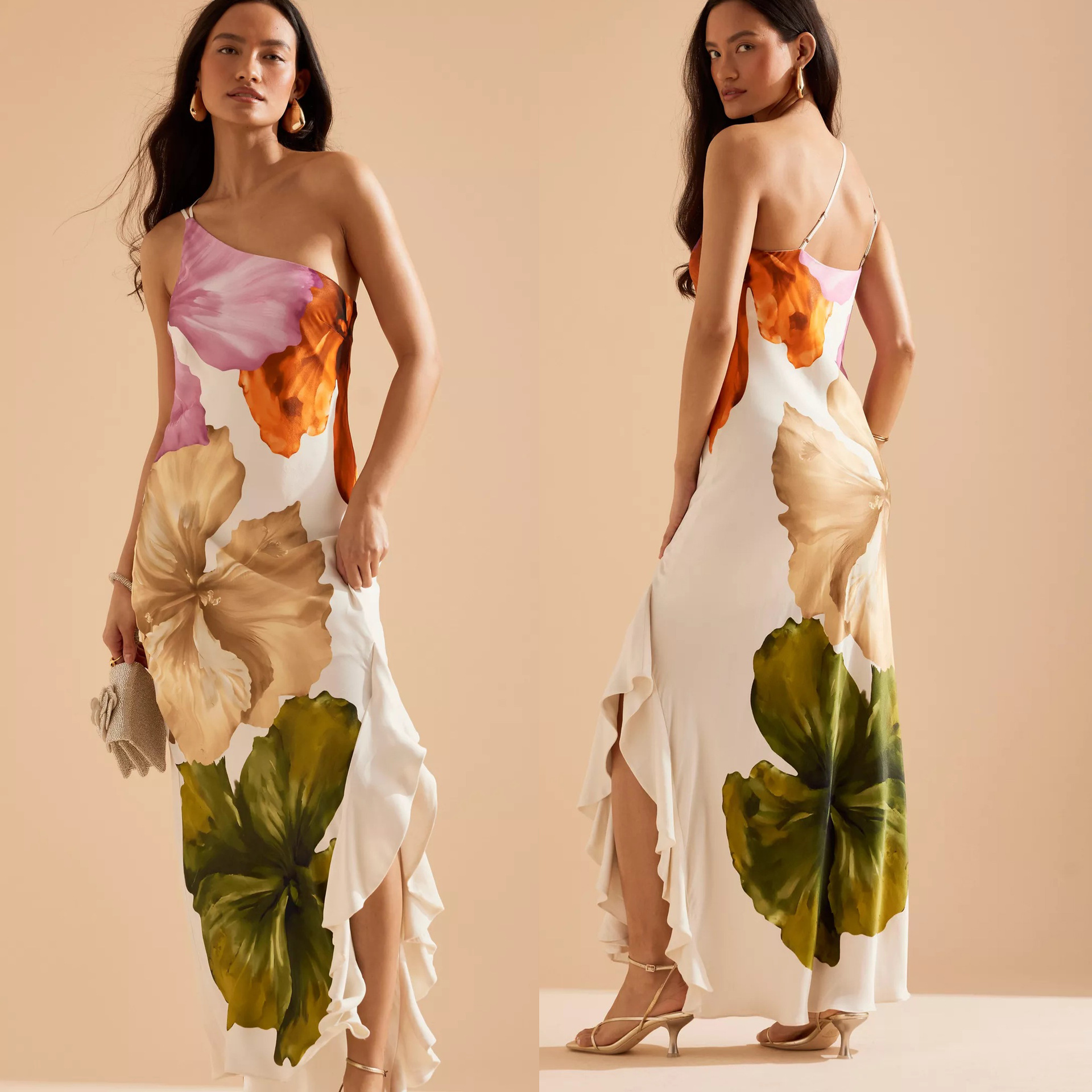 VEITCHE mode femmes imprimé Curling bord longues robes irrégulière une épaule fourche ouverte robe femmes été 2025 robes de fête