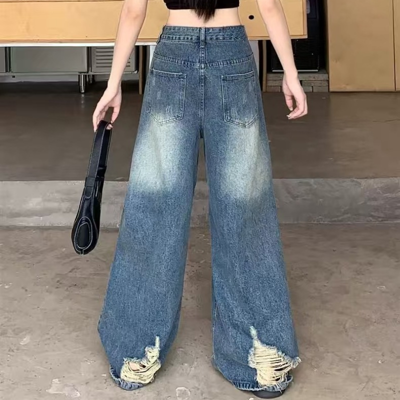 Pantalon en Denim décontracté femmes jean Vintage pantalon droit automne printemps mode femme bleu pantalon à jambes larges trou jean