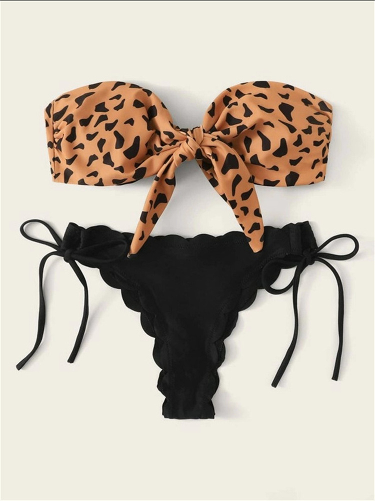 Maillot de bain femme 2026 sexy, style bikini bandeau, imprimé léopard, avec laçage frontal, push-up, volants et nœud, coupe string