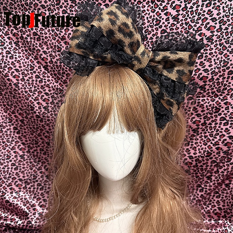 Serre-tête et épingles à cheveux pour femmes, style Y2K Hime Lolita Sweet Girl, avec nœuds chat oversize, imprimé léopard et volants en dentelle, pour subculture