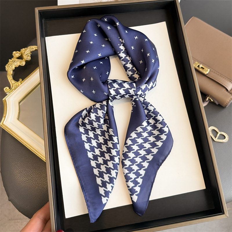 Écharpe carrée de luxe à motif pied-de-poule pour femme, élégante, imprimée, hijab, foulard, châle, couleur unie, en soie douce et résistante aux taches