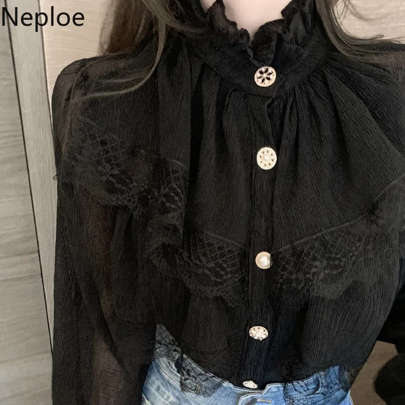 Chemisier en mousseline de soie à col montant pour femmes, manches longues, volants en dentelle, chemises vintage élégantes, mode coréenne blanche, Y-