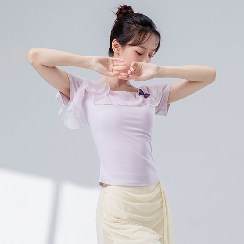Tenues de danse pour femmes, chemise à manches courtes en maille de gaze épissée, chemisier d'entraînement de Ballet élégant, Costumes de pratique sur scène de rime corporelle