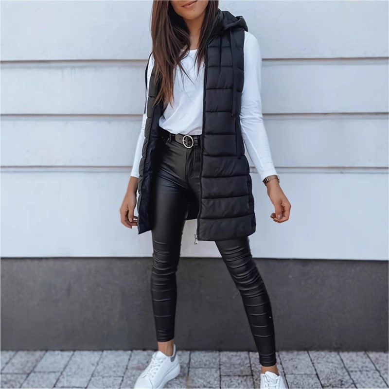 Femmes gilets longs bouffantes épais manteaux fermeture éclair matelassé rembourré gilet à capuche mi-long coton manteau gilet hiver chaud manteau d'extérieur
