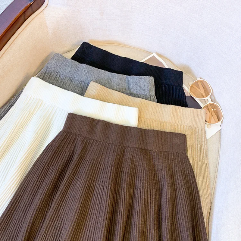 Jupes plissées en tricot pour femmes, couleur unie, décontractées, polyvalentes, basiques, coupe trapèze, automne-hiver, taille haute élastique, jupe courte