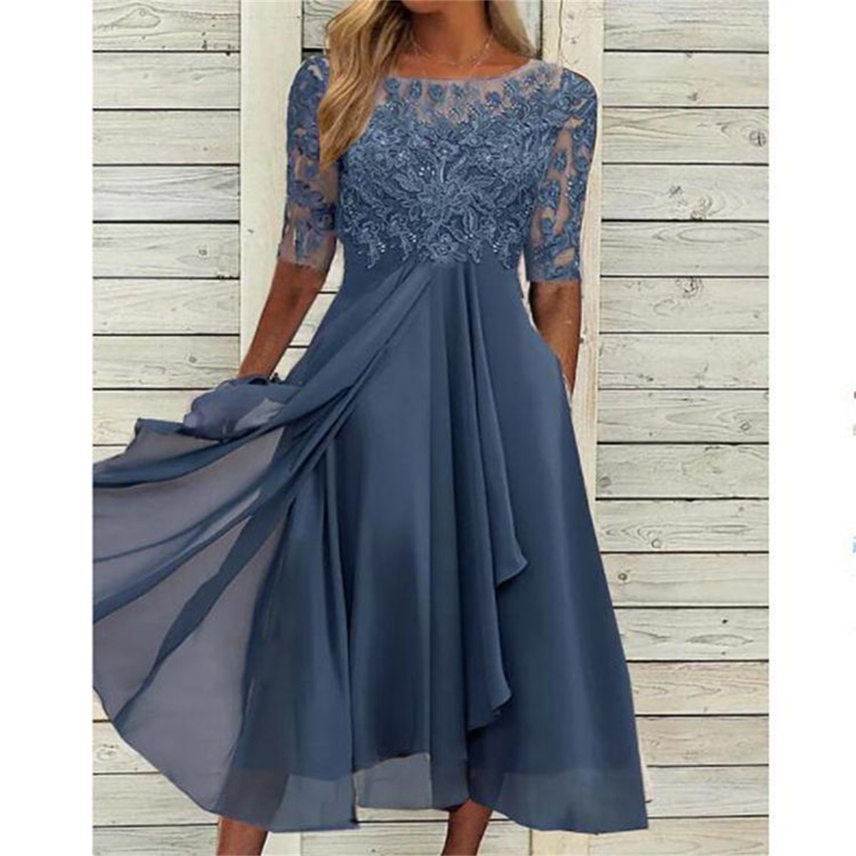 Robes élégantes pour la mère de la mariée, en dentelle avec appliques, manches 3/4, en mousseline fluide, robe mi-longue, pour invitées de mariage, soirée, cocktail