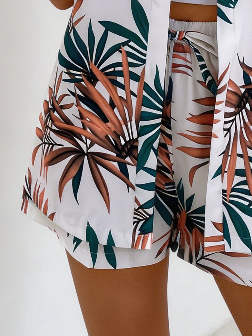 Nouvel ensemble deux pièces floral été 2026, chemisier tissé à manches courtes et short, tenue de plage pour femme