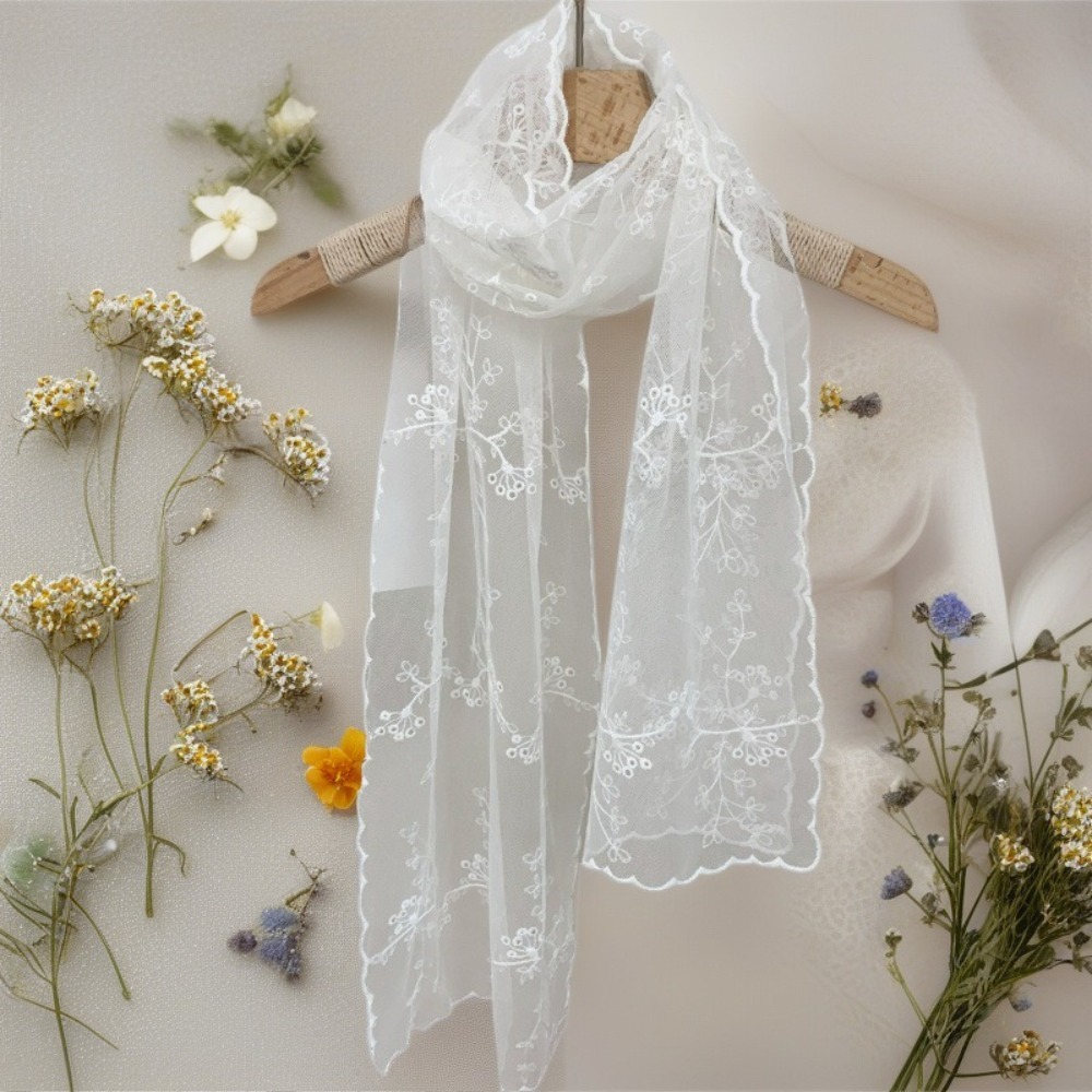 Écharpe littéraire rétro en dentelle pour femmes, Version coréenne, châle de protection solaire à fleurs brodées, longue foulard féminin