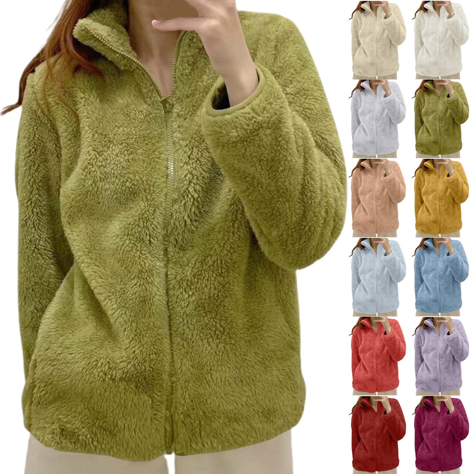 Veste en laine d'agneau avec poches pour femme, veste longue en peluche, fermeture éclair polaire, fermeture éclair chaude, vêtements d'extérieur féminins, cardigan décontracté, sourire, document solide