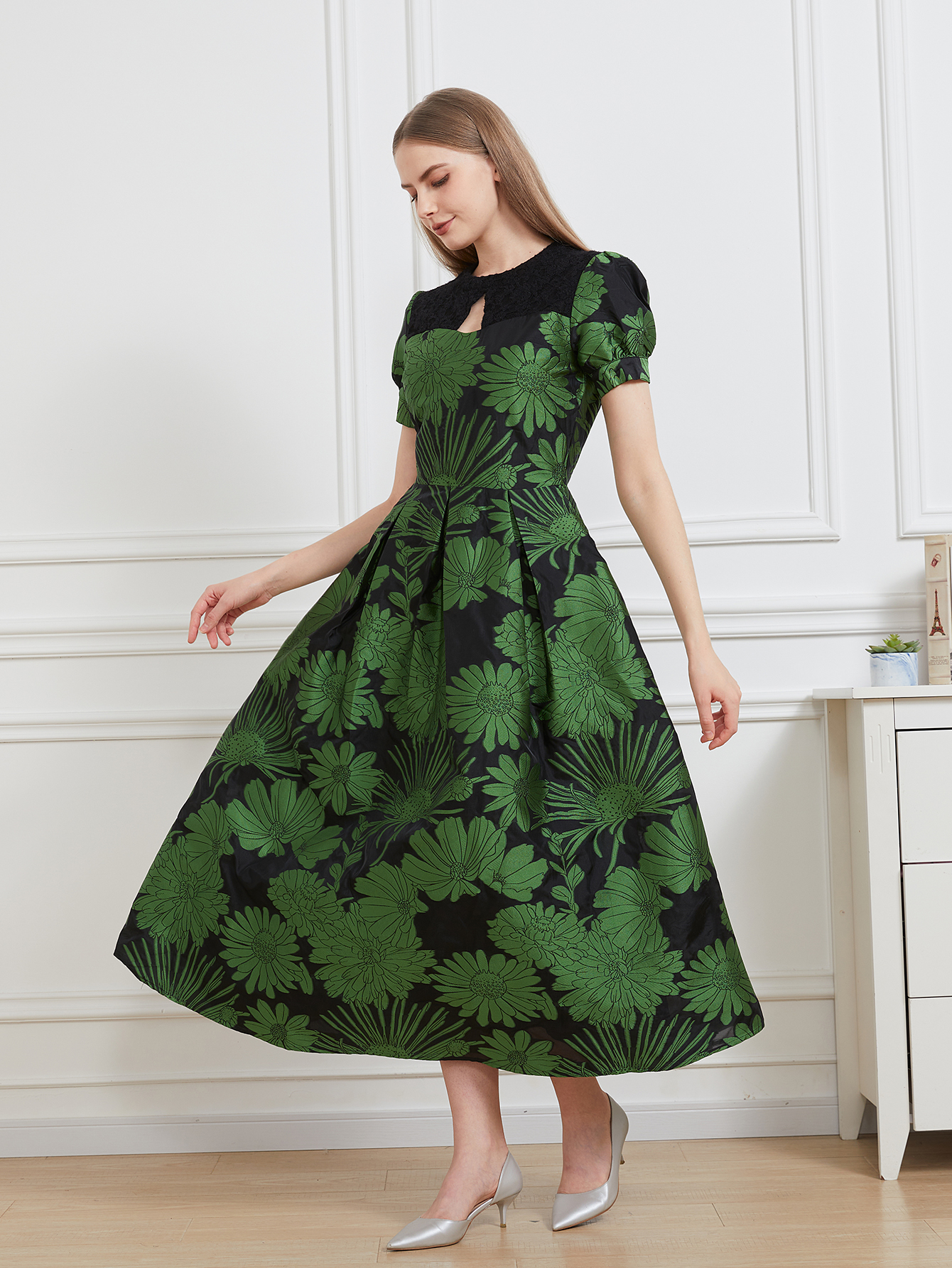DEVCHATA-Robe Longue en Organza pour Femme, Tenue de Soirée Élégante, Patchwork de Dentelle, Manches Bouffantes, Nouvelle Collection Été