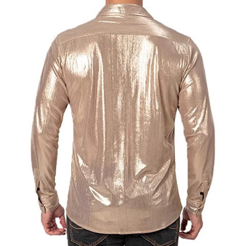 Chemise à paillettes dorées brillantes pour hommes, coupe cintrée, manches longues, chemises habillées des années 70, discothèque, fête, scène, Costume de chanteur