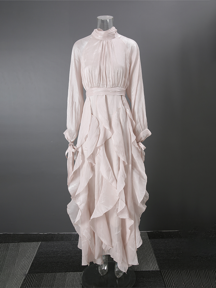 Robe de soirée violette DEAT pour femmes, col roulé, coupe ajustée, laçage à la taille, volants irréguliers, manches longues, nouvelle collection