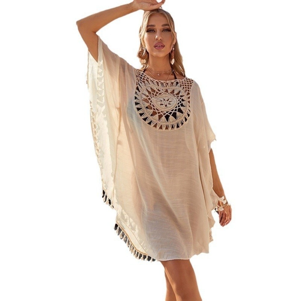 Tunique de plage tricotée tendance motif tournesol, grande taille, ajourée, avec franges, pour femme
