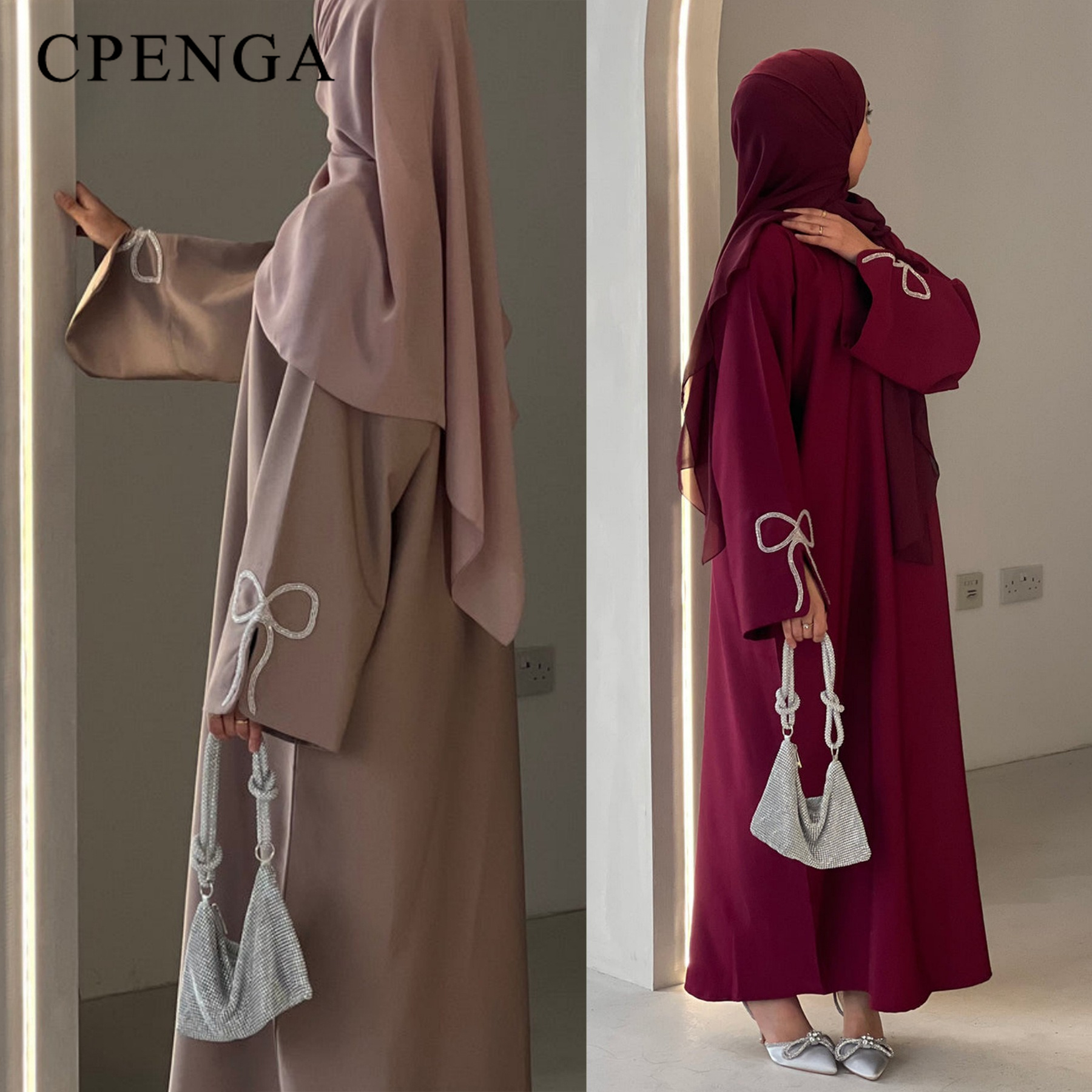 Robe Abaya de luxe cloutée pour femmes, tenue musulmane arabe Eid, modeste, islamique, ornée de cristaux, manches avec nœud, Robe turque