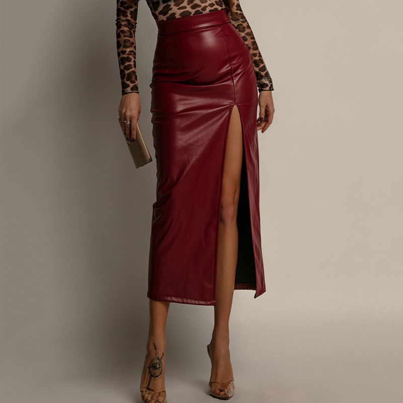 Jupes en cuir PU pour femmes, Sexy, fente haute, élégantes, Slim, taille haute, paquet de hanches, nouvelle mode, jupe crayon de bureau