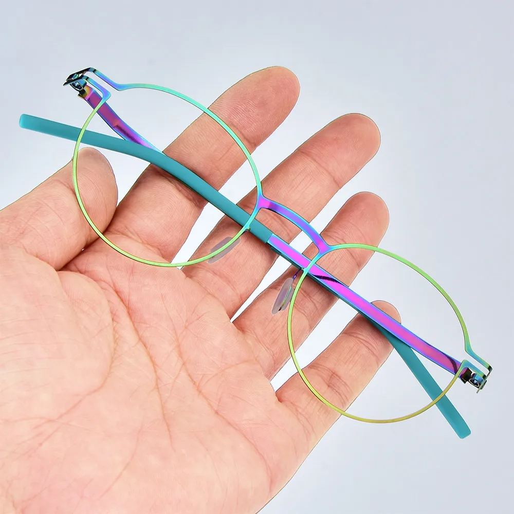 Monture de lunettes ovale et ronde sans vis, faite à la main, pour hommes et femmes, ultra-légère 6g, colorée, design de marque