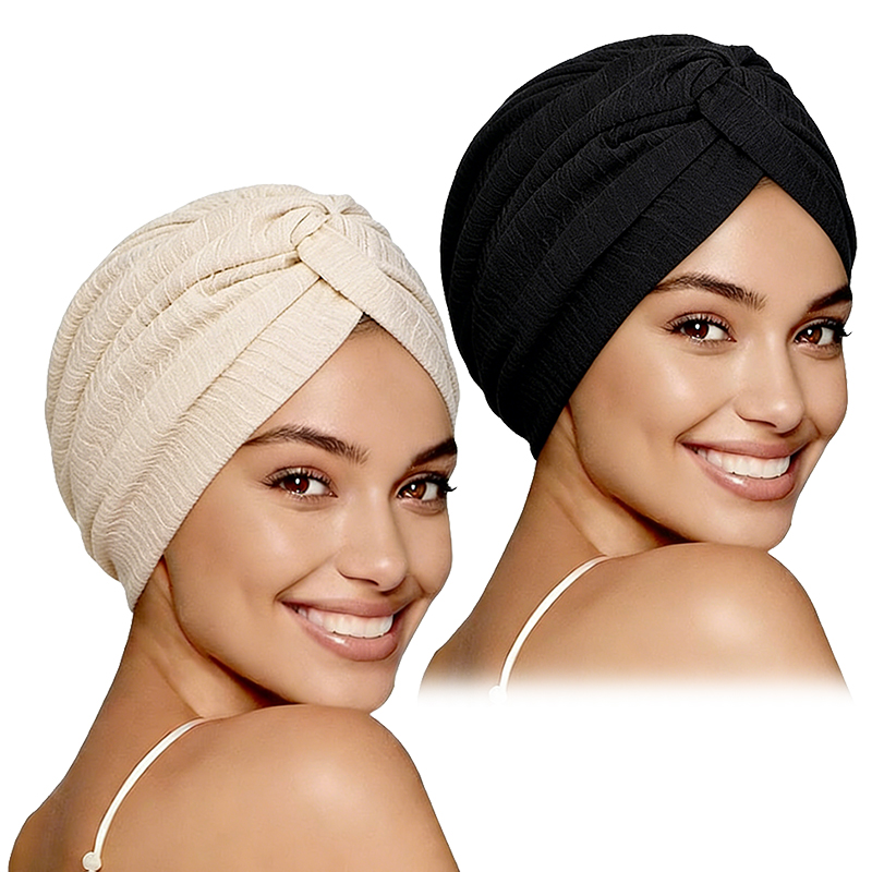 Lot de 2 Turbans Musulmans Plissés pour Femmes, Hijab Extensible à Nœud Torsadé, Foulard Chimio, Couvre-Chef, Coiffe Islamique