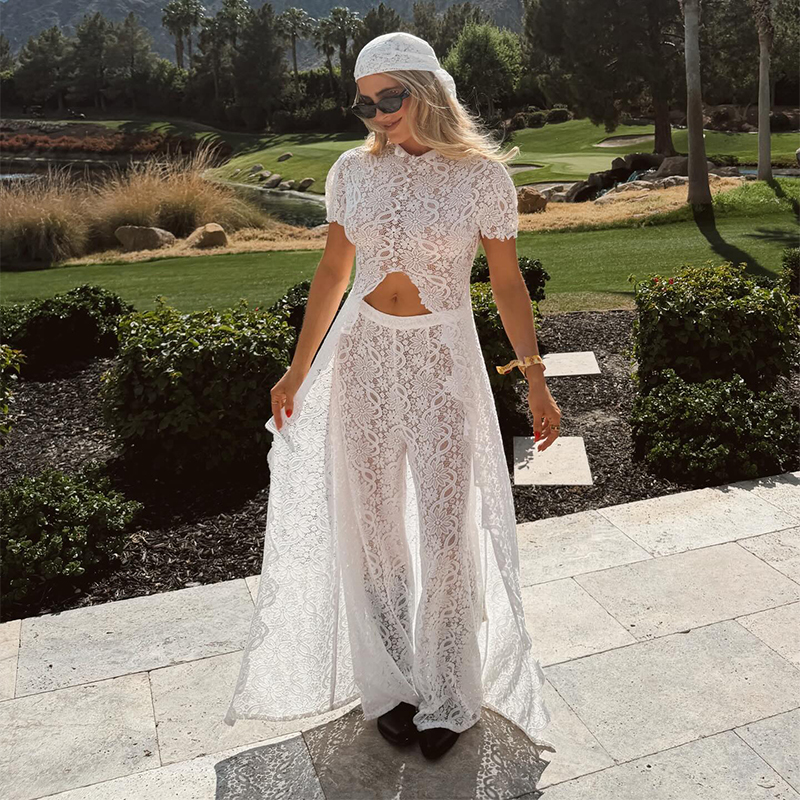 Ensemble pantalon et cardigan long en dentelle ajourée, haut court à manches courtes col rond, pantalon taille haute à jambes larges, Nouveauté 2026, Tenues de festival pour femme