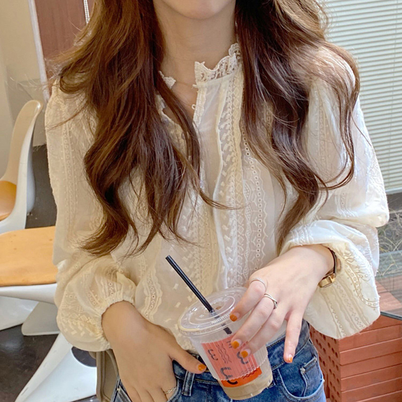 Élégant dentelle femmes mode Blouse nouveau printemps automne à manches longues décontracté bureau chemise ample dames col montant haut Simple vêtements