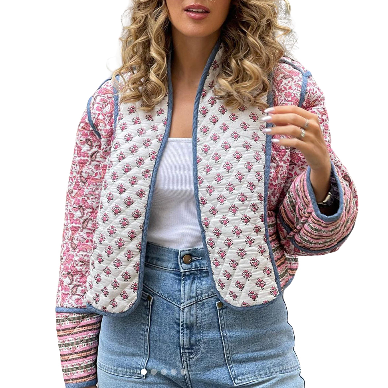 Manteau matelassé à imprimé floral pour femme, veste matelassurera à manches longues, col montant, devant ouvert, court, automne, hiver