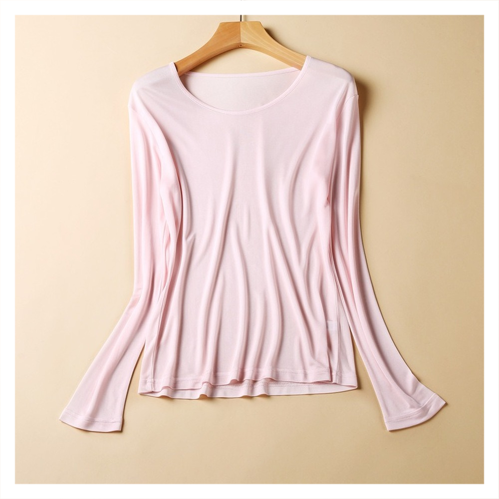 Chemise à manches longues en soie de mûrier pour femmes, tricotée en soie, couleur unie, col rond, nouvelle mode 2025
