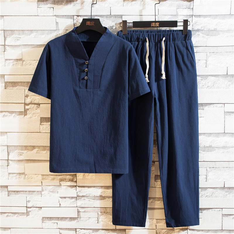 (Chemise + pantalon) chemise d'été pour homme Chemises en coton pour homme Chemises décontractées à manches courtes pour homme Un ensemble de vêtements taille M-5XL