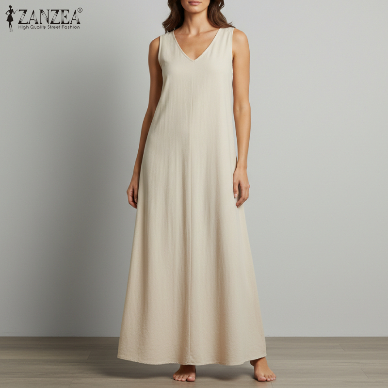 ZANZEA Robes amples en coton pour femmes, grande taille 5XL, décontractées, sans manches, col en V, couleur unie, style A-line, pour l'été et la plage