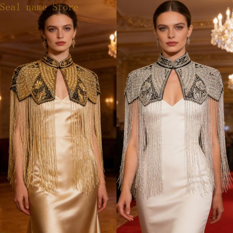 R7UD châle luxueux brodé Capelet géométrique accessoire tenue soirée