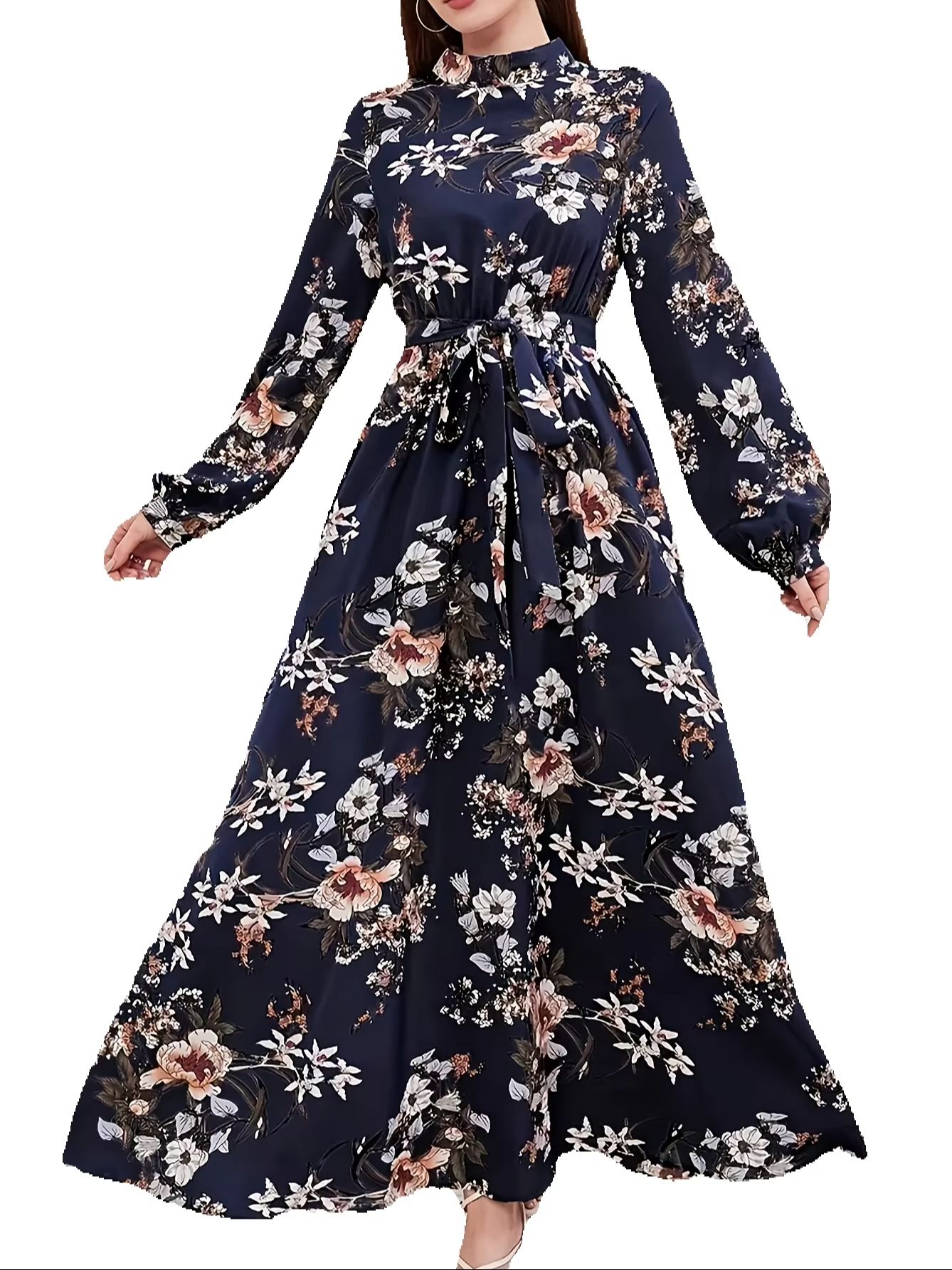 Robe longue ample pour femme, élégante, à imprimé floral, avec ceinture à nouer, col imitation, manches longues, pour le Ramadan