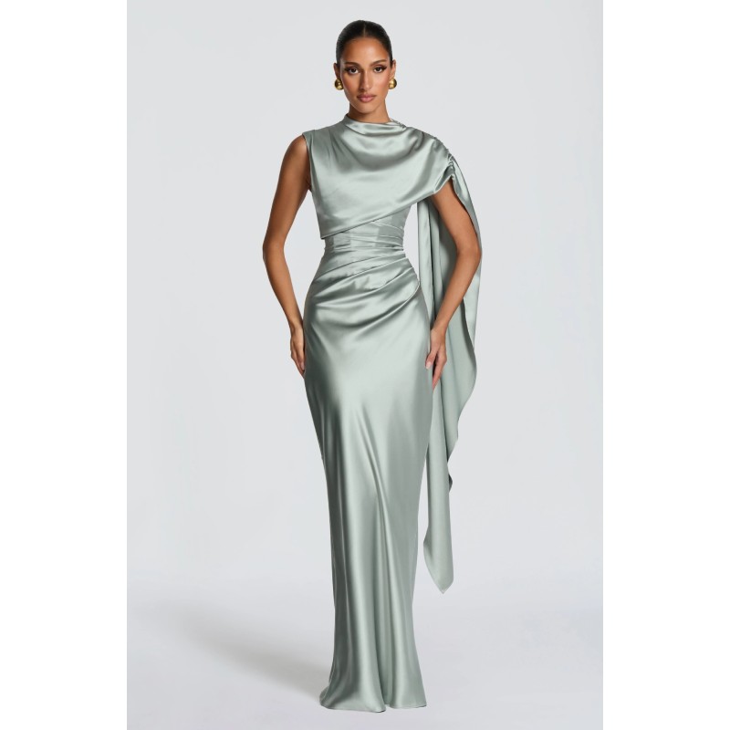 Robes de soirée élégantes pour femmes, robe de soirée en satin drapée avec cape, robe formelle à col montant et dos corset avec taille froncée 2026