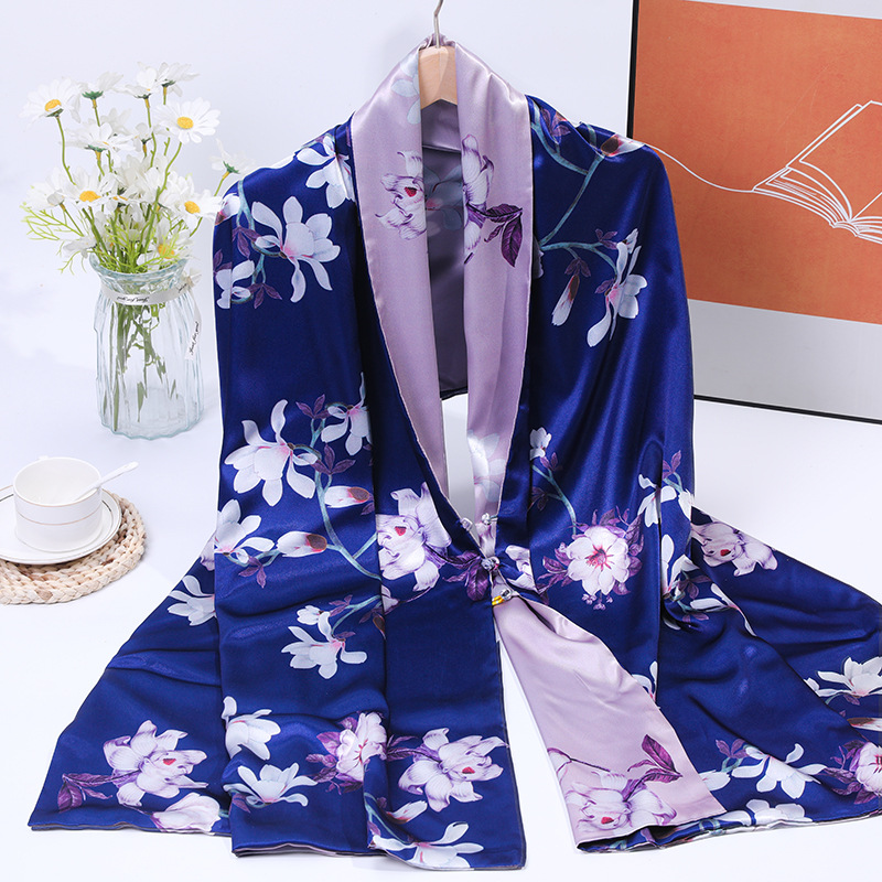 Écharpe en soie double couche de style chinois avec imprimé en relief, cadeau festif, motif floral double face, détails boutonnés, chaleur hivernale