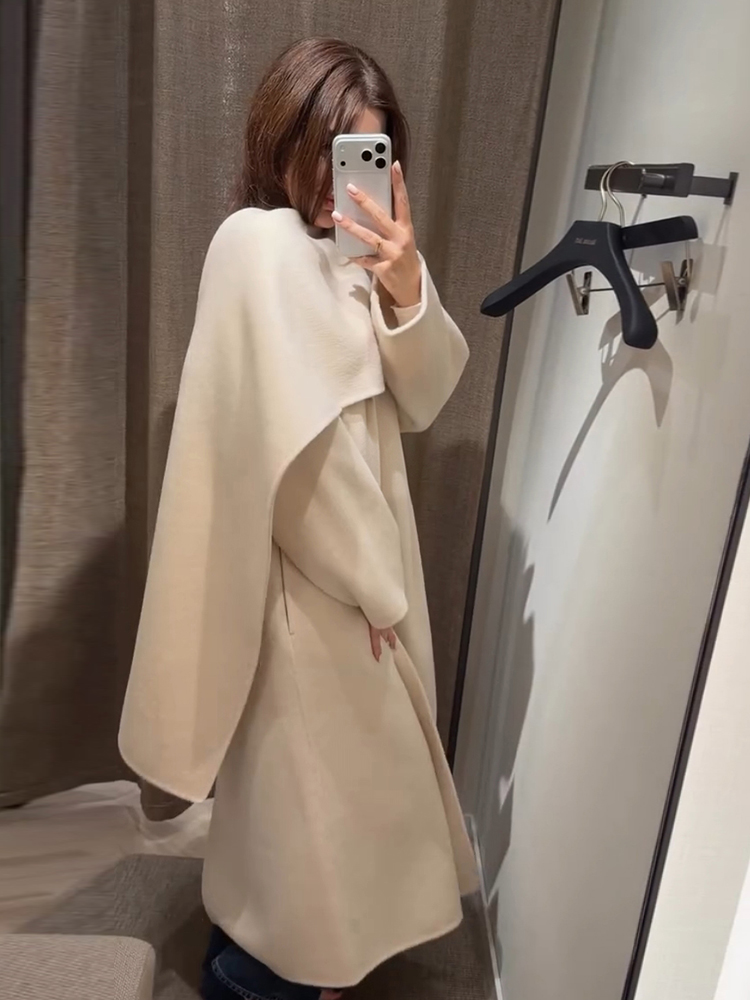 Manteau pour femme, col écharpe, manteau uni à manches longues, coupe ample, manteau asymétrique drapé, vêtement d'extérieur élégant et décontracté pour femme